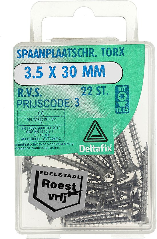 Een transparante plastic verpakking met 22 stuks RVS spaanplaatschroeven 3.5 x 30 mm van Deltafix, met Torx aandrijving.