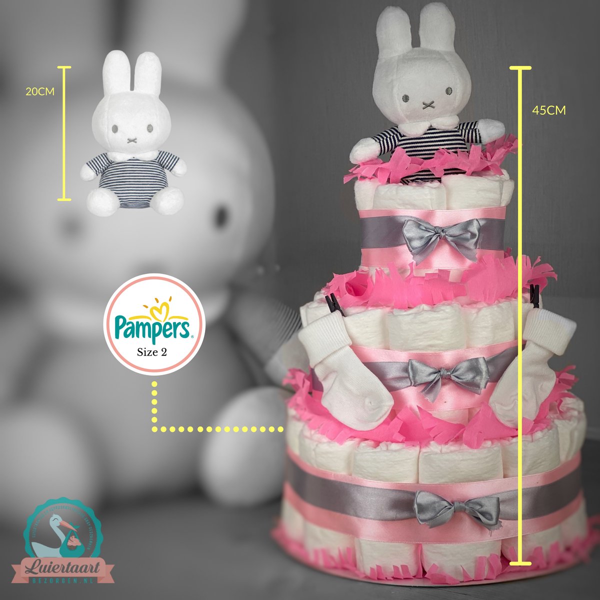 Goedkoopste Luiertaart meisje 3-laags met Nijntje, 45 A-merk pampers en XL kaart - kraamcadeau - babyshower- pampertaart