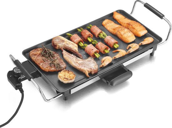 Grill Teppanyaki, Grill de table électrique 46x26 cm, Plaque de cuisson BBQ avec revêtement antiadhésif et thermostat réglable 2000W, Zwart.