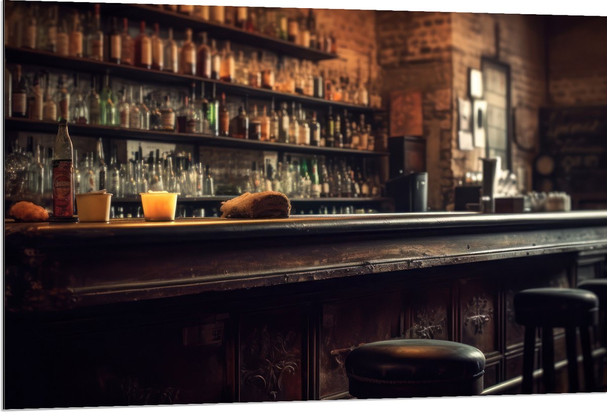 Dibond - Kroeg - Bar - Drank - Barkrukken - Flessen - 120x80 cm Foto op Aluminium (Wanddec