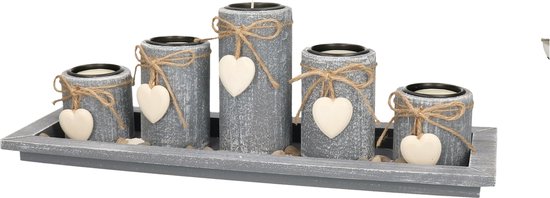 Kaarsenhouders set - home deco - 5x kaarsen en onderbord - hout - theelichthouder - met hartjes