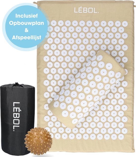 LÉBOL®️ Spijkermat Met Kussen Met Opbouwplan - Acupressuur Mat - Suki Mat - Acupunctuur Mat - 66x41cm - Beige