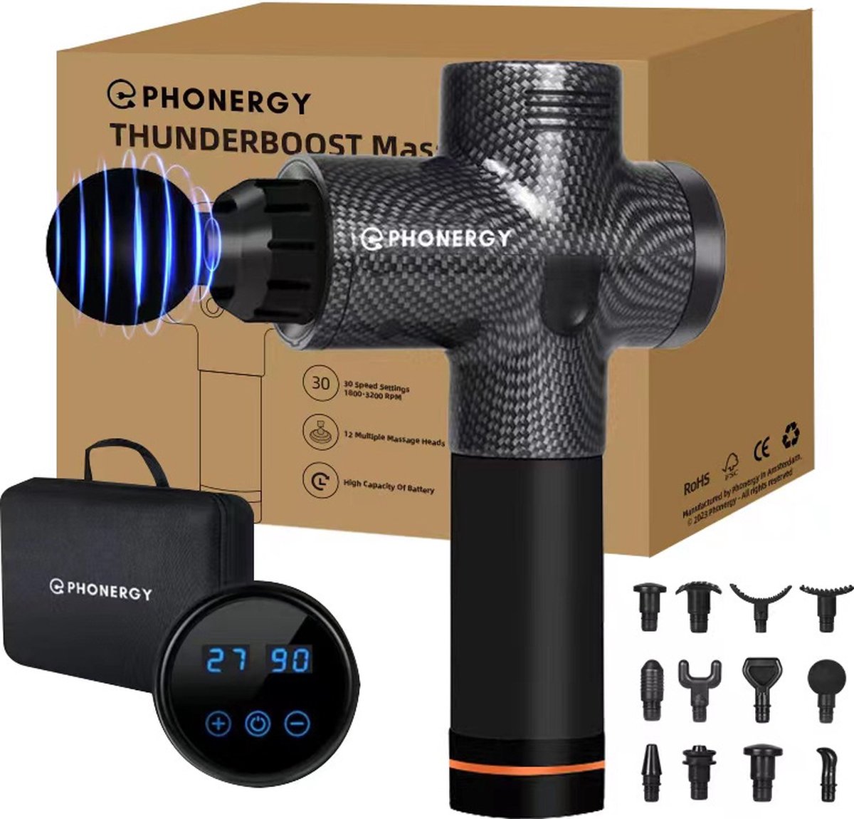 Phonergy Thunderboost - Massage Gun- Massage Apparaat - Massage Gun Professioneel - - Zeer Krachtig - Extreem Stil - 12 Opzetstukken - 30 Standen - Carbon Fiber