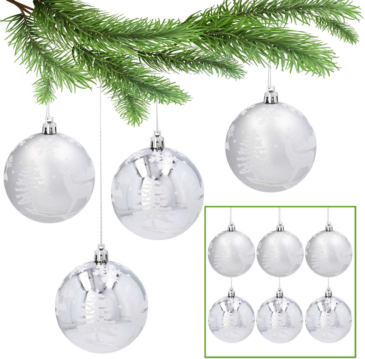 Set kunststof kerstballen 8 cm, zilveren kerstballen, kerstboomversieringen, 6 stuks.