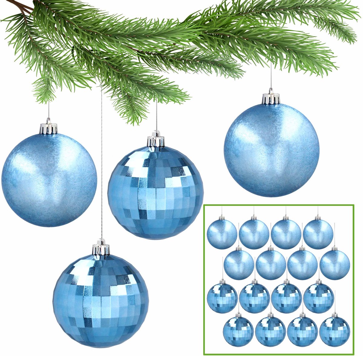 Blauwe kerstballen, set kunststof kerstballen, kerstboomversiering 8 cm, 16 st.