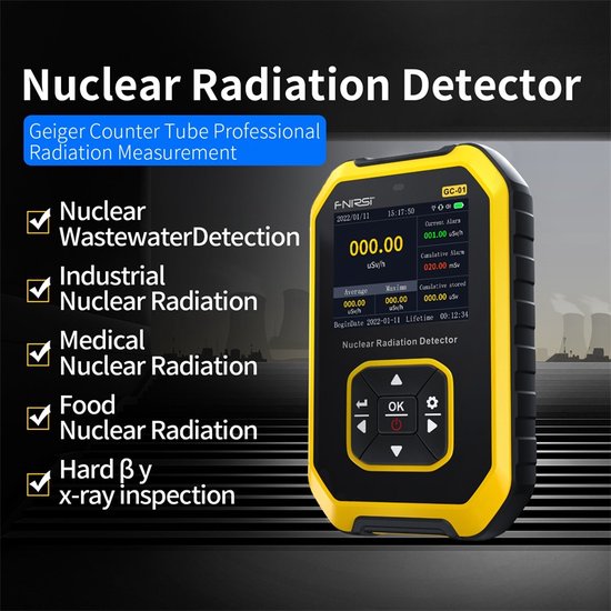 Draagbare geigerteller, dosimeter, stralingsmeter (geel) -X Ray met Miller GM-buis met high capacity batterij - stralingsmeter - meet röntgenstraling, gamma- en bètastraling - geiger counter - dosimeter - radioactief nucleaire straling detector