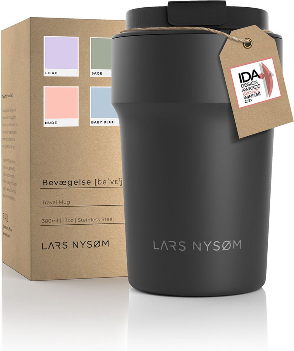 LARS NYSØM - 'Bevægelse' Thermos Coffee Mug-to-go 380ml - BPA-vrij met Isolatie - Lekvrije Roestvrijstalen Thermosbeker - Onyx Black