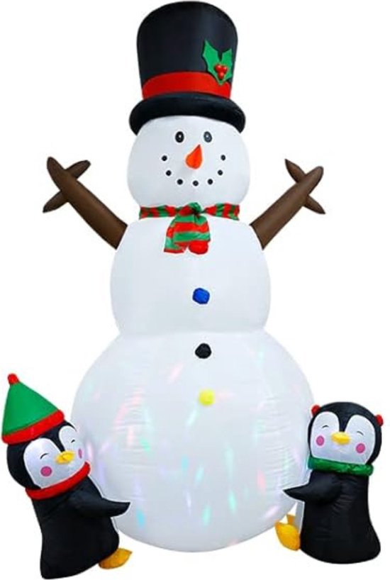 Décoration de Noël bonhomme de neige gonflable - Éclairage LED rotatif intégré - grand bonhomme de neige avec 2 pingouins