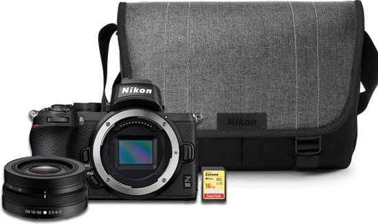 Nikon Z50 - Systeemcamera - + NIKKOR Z DX 16-50mm f/3.5-6.3 VR Lens + Tas + 16GB geheugenkaart