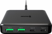 Swissten Snellader met 4 Poorten - 65W - GaN technologie - 2x USB-A & 2x USB-C - Geschikt voor Smartphones, Tablets & Laptops - Zwart