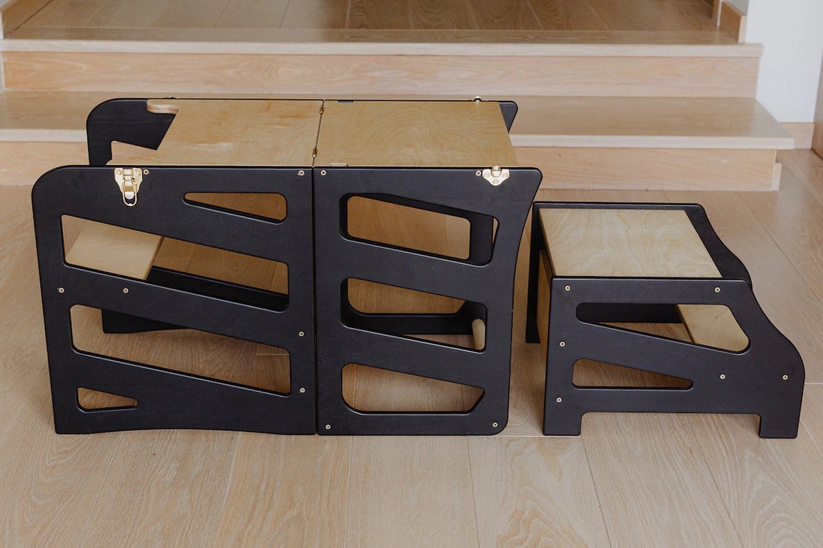 Image of 3 in 1 toren, bureau & opstapje (krukje) Zwart met blanke lak