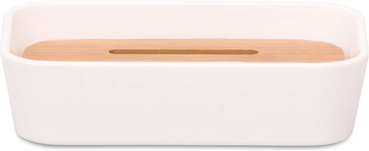 HOMLA Ynez zeepbakje zeepbakje - Scandinavische sfeer voor badkamer keukens - wit kunststof met houten element 12x8 cm
