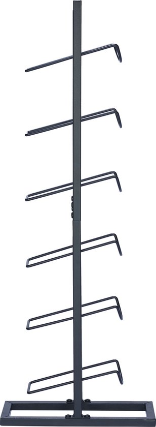 Detail van een leeg zwart metalen wijnrek met gebogen flessenhouders.