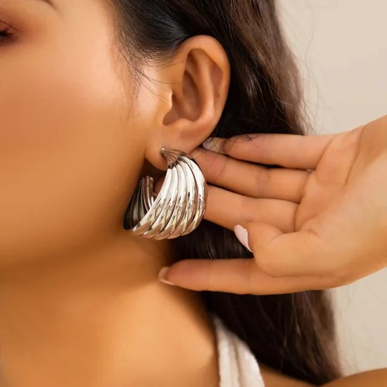 Grote zilveren oorstekers - Statement Piece - Zilveren dames oorhangers - Feestelijke oorbellen - Verzilverd -