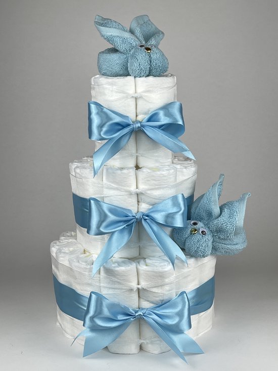 Foto: Chouette chouette luiertaart jongen kraamcadeau geboorte jongen babyshower konijnen licht blauw hemels blauw