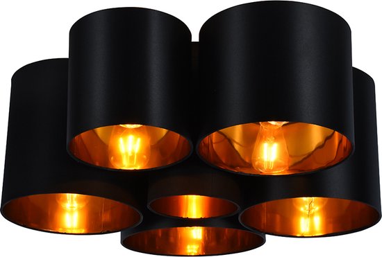 Olucia Franck - Moderne Plafondlamp - 6L - Aluminium/Stof - Goud;Zwart - Rond - 70 cm