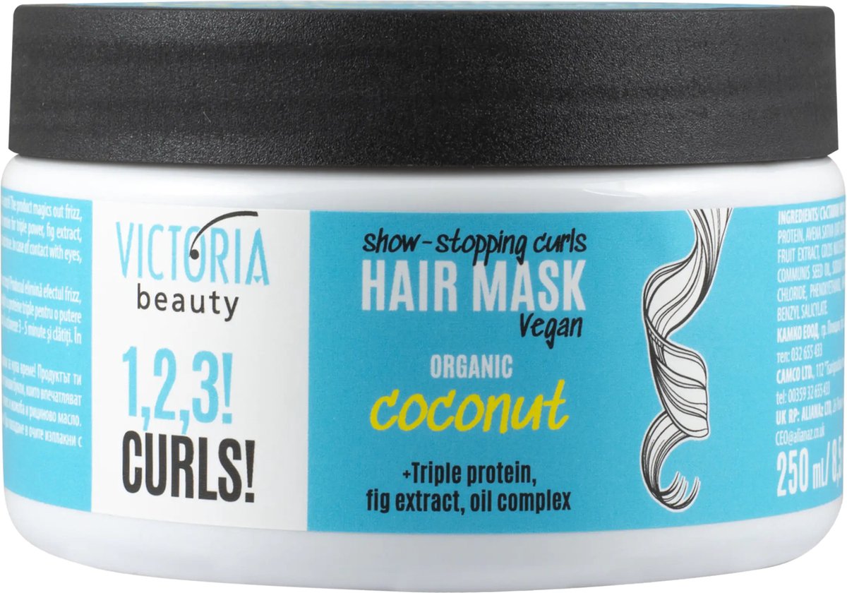Victoria Beauty - 1,2,3! Curls! - Show-Stopping Curls Hair Mask 250ml - Volle, volumineuze en perfect gedefinieerde krullen in een mum van tijd! - Biologische kokosnoot, Drievoudig eiwit, Vijgenextract en Oliecomplex