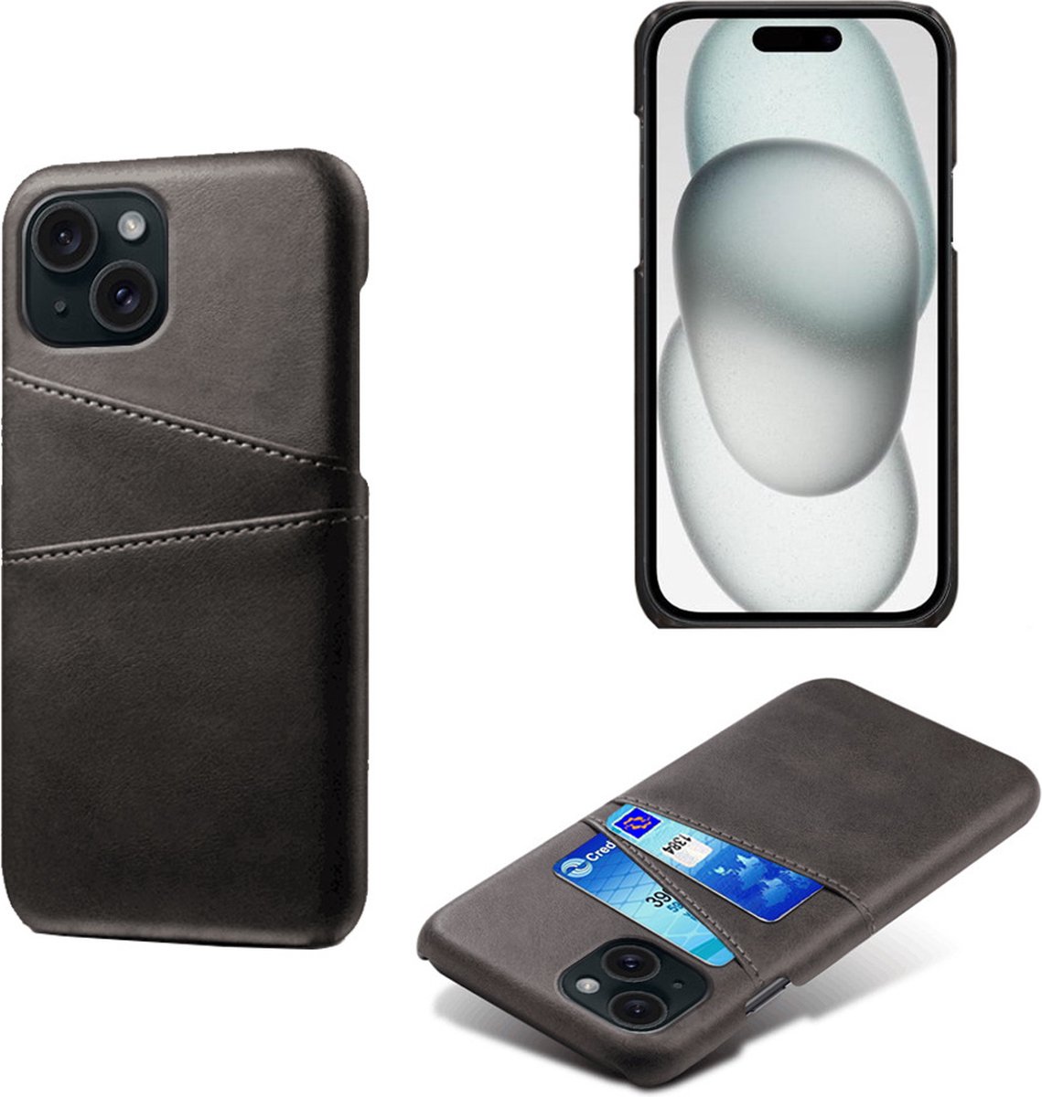 Backcover met Opbergvakjes + PMMA Screenprotector voor iPhone 15 _ Zwart