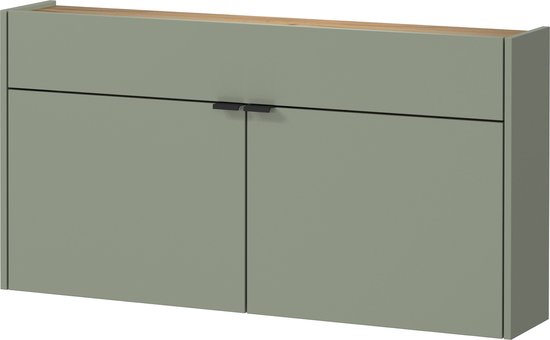 Opbergkast Eleonore Eiken Groen - Breedte 110 cm - Hoogte 57 cm - Diepte 22 cm - Met lades - Met planken - Met openslaande deuren