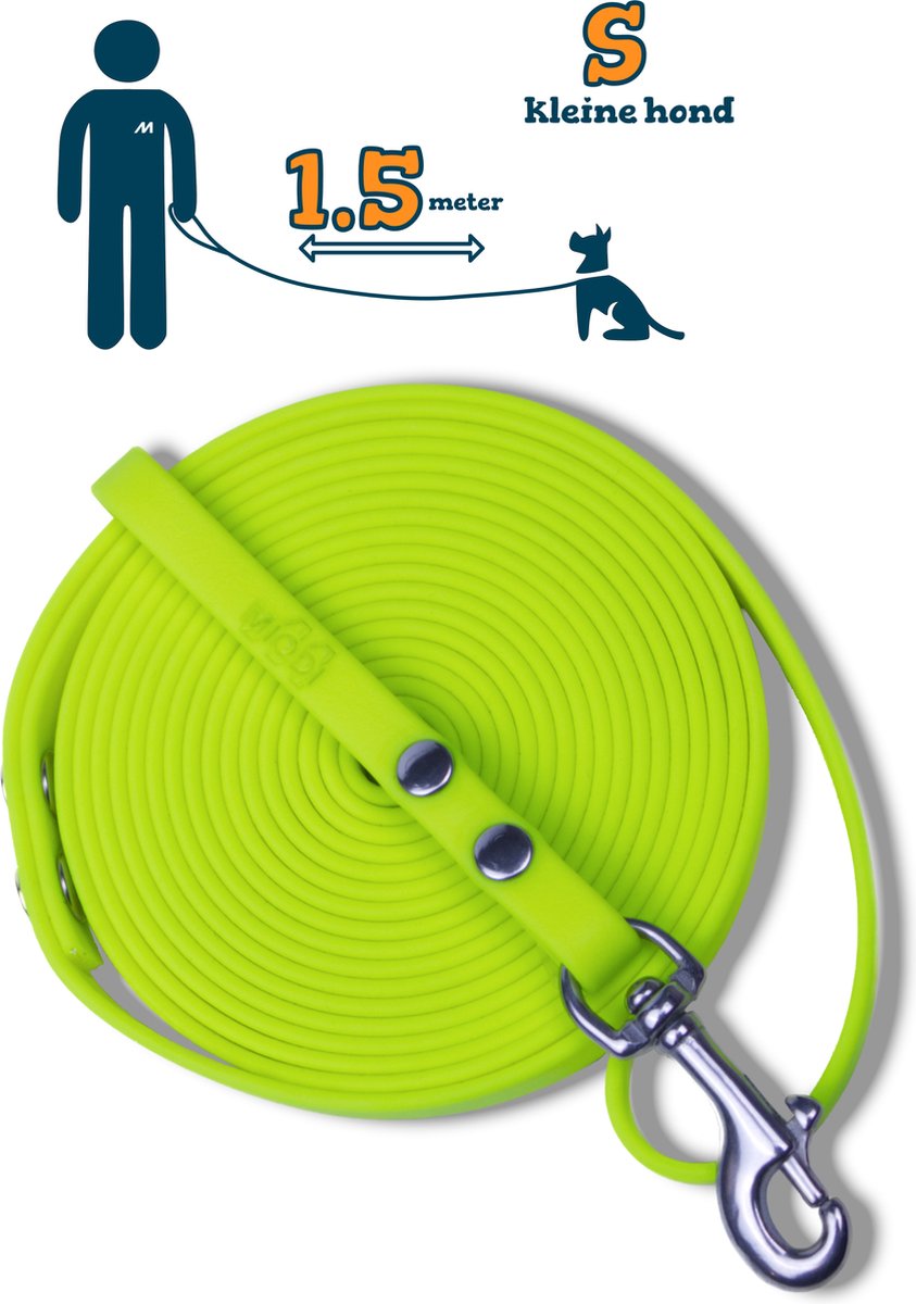 Miqdi hondenriem - BioThane – neon geel – 1.5 meter lang – 9mm breed – XS/S – kleine hond