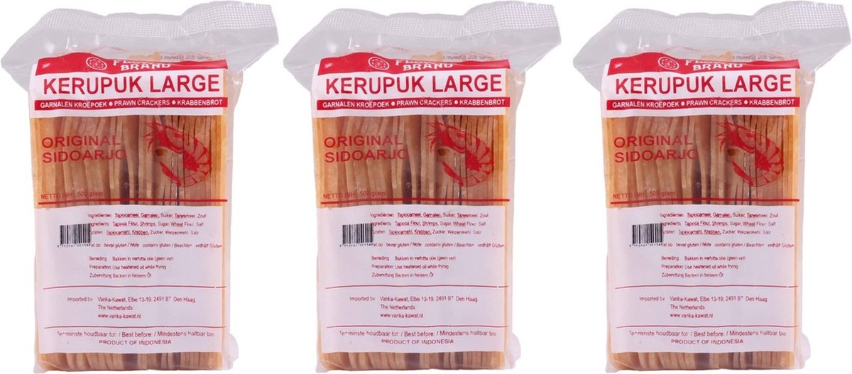 Flowerbrand ® | 3 x lange kroepoek 500 gram | Kerupuk Large | Ongebakken | Garnalen - Prawn