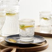 HOMLA Glass Barrel Low met gouden rand - combinatie van versieringen en elegante esthetiek - glas vol delicate groeven - gemaakt van transparant glas - voor elk keuken- en eetkamerinterieur - 300 ml