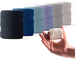 Corde macramé Ledent, double torsade (1mm, 6 x 65M) - Fil 100% coton régénéré - Corde macramé dans les tons bleus et gris, lot de six pour l'artisanat.