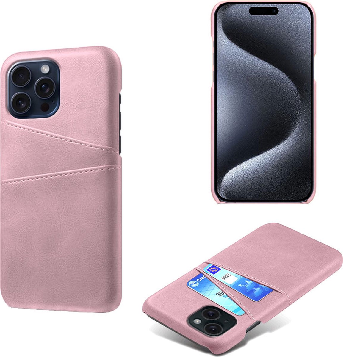 Backcover met Opbergvakjes + PMMA Screenprotector voor iPhone 15 Pro Max _ Roze Goud