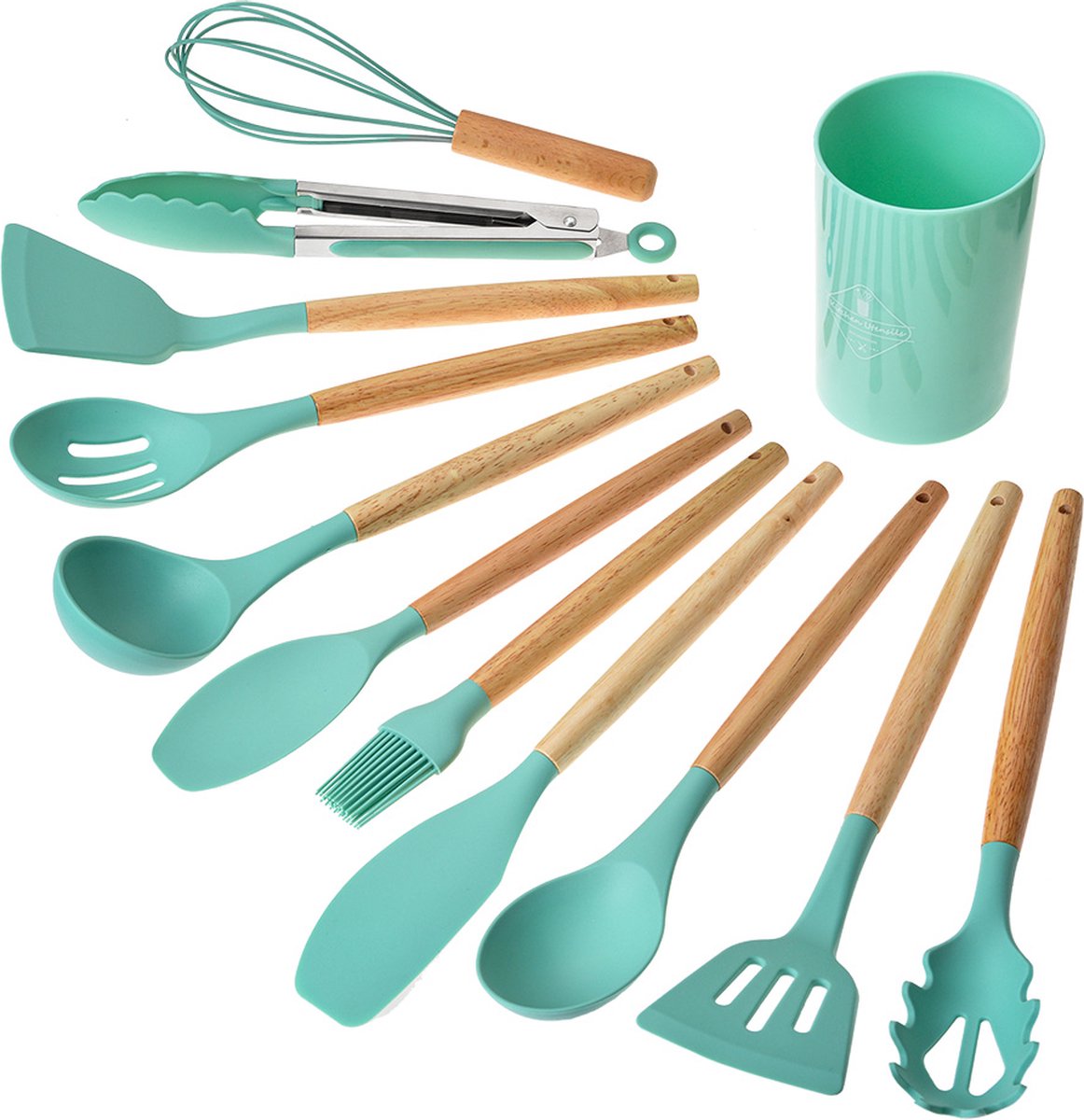 Clayre & Eef 12-delig Keukengerei met Organizer Ø 8x32 cm Groen Kunststof
