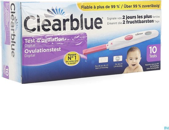 Clearblue digitale ovulatietest, identificeert uw 2 meest vruchtbare dagen. Met babyafbeelding, 10 testen en de tekst 'Fiable à plus de 99%'.
