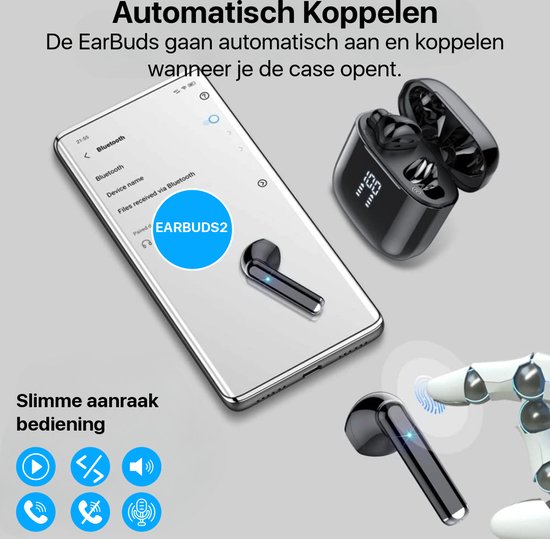 Zwarte oordopjes in open oplaadcase, met smartphone die Bluetooth 'EARBUDS2' weergeeft. Touch bediening symbool.