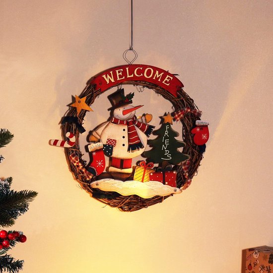 Couronne De Noël Welcome | Père Noël Et Rennes | Ø29cm Bois | Décoration Porte