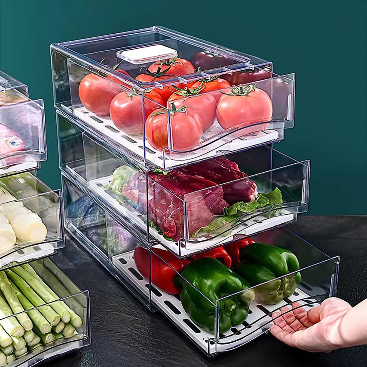 Koelkast Organizer Set, Koelkast Organizer, Stapelbaar en Herbruikbaar, Gebruikt voor een Koelkast Organizer in een Gezinskeuken, Grill Restaurant en Eetkamer, Geen BPA.