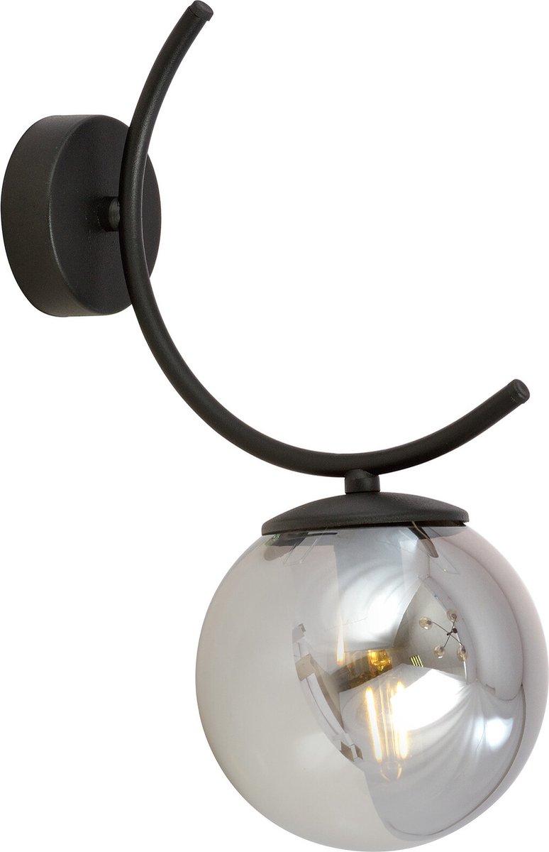 Emibig Kopenhagen zwarte wandlamp met 1 gerookte bol glas E14 - Perfect voor sfeervolle verlichting in uw woonkamer