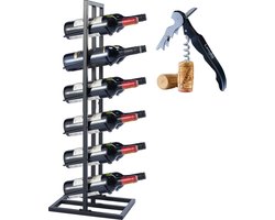 Lendo Online Wijnrek voor 12 flessen 31x21x84cm (LxBxH) Wijnkast - Wijnfleshouder - Wijnopslag met kurkentrekker Zwart Poedercoating Metaal Staal Flessenrek Industriële stijl