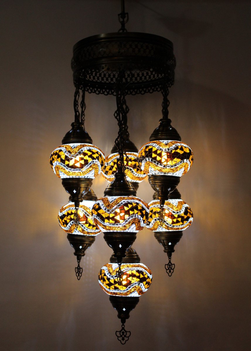 7 globe glas geel Mozaïek Turkse hanglamp Oosterse kroonluchter