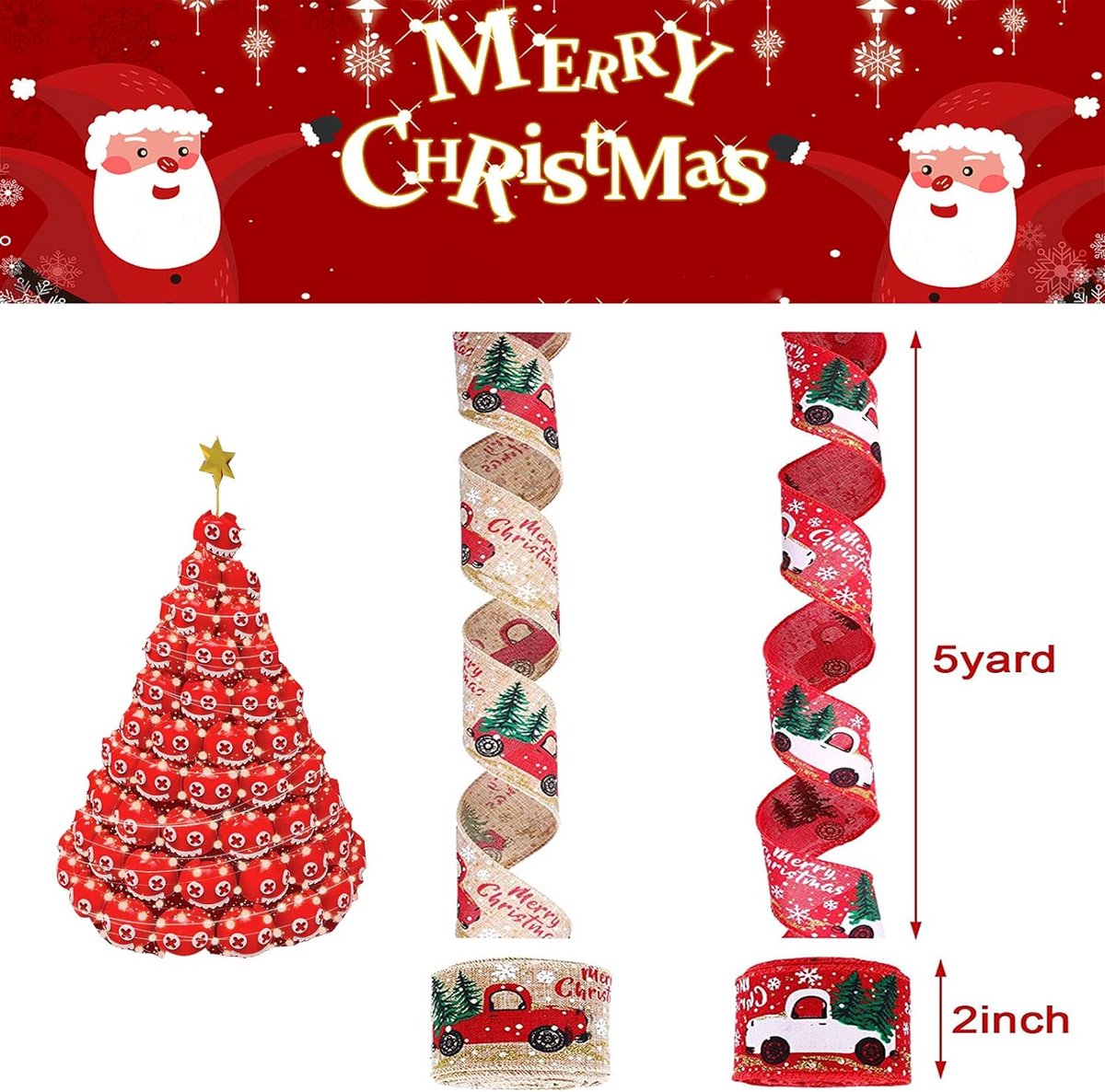 ANCLLO Rood geruit jute lint Kerstmis Bedraad lint Inpaklint voor Kerst