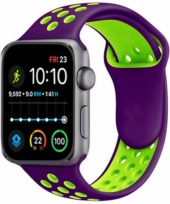 Zwarte smartwatch met paars en groen geperforeerde sportband. Weergave: FRI 23, 10:10, 9.592 stappen, 9.0 km, 1:41 H.