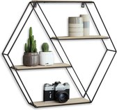 LIFA LIVING Wandrek Marbella - Wandplank Industrieel - Metaal en MDF Hout - 4 Planken - Zeshoekig Kruidenrek - Zwart - Voor Keuken, Slaapkamer, Woonkamer - 58 x 51 x 11 cm