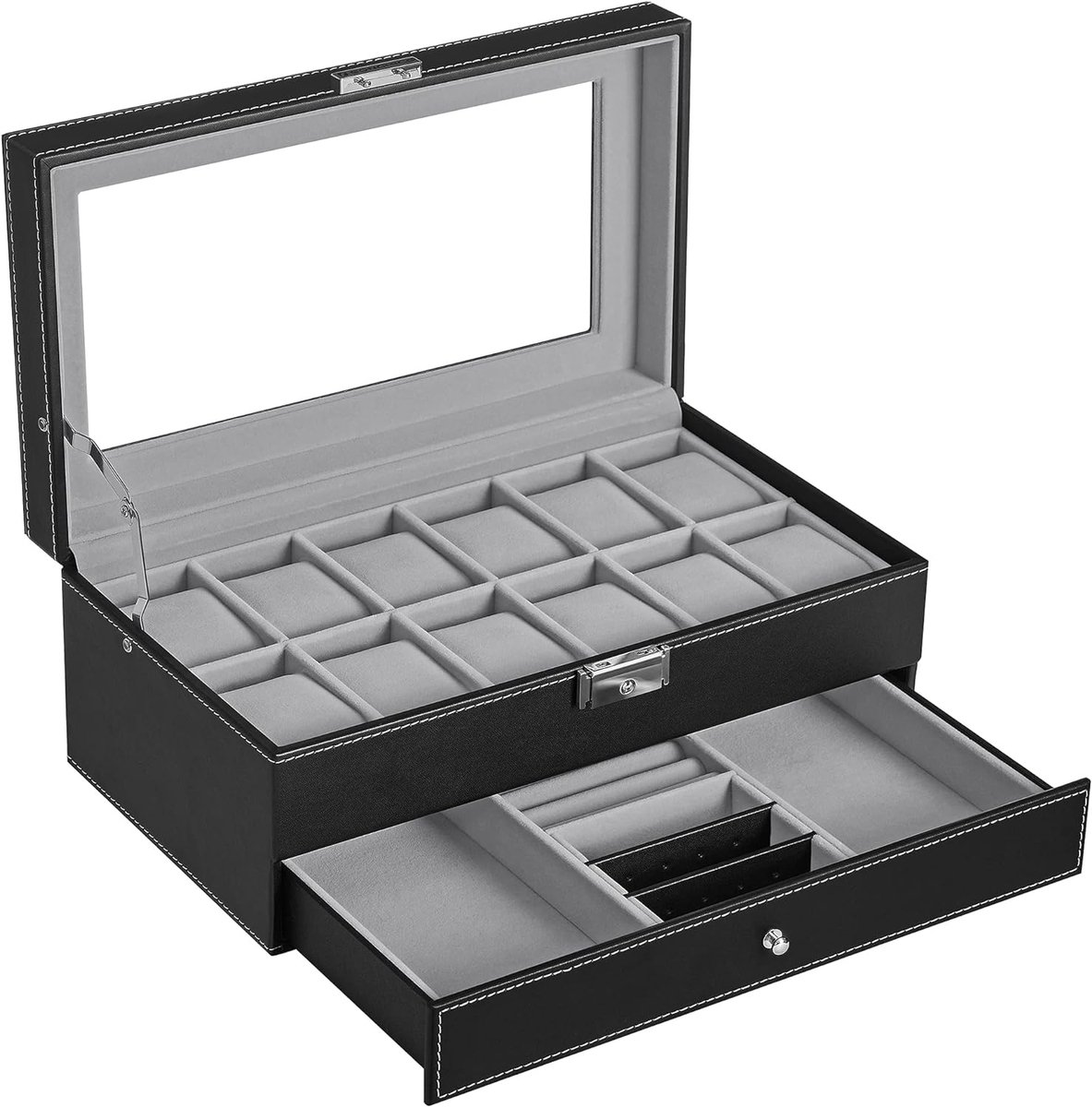 Luxe 12-vaks Horlogebox - Horlogedoos voor dames en heren - Sierendoos - Juwelendoos - Horlogebox met lade - Horlogekist - Sieradenkist - Zwart Grijs