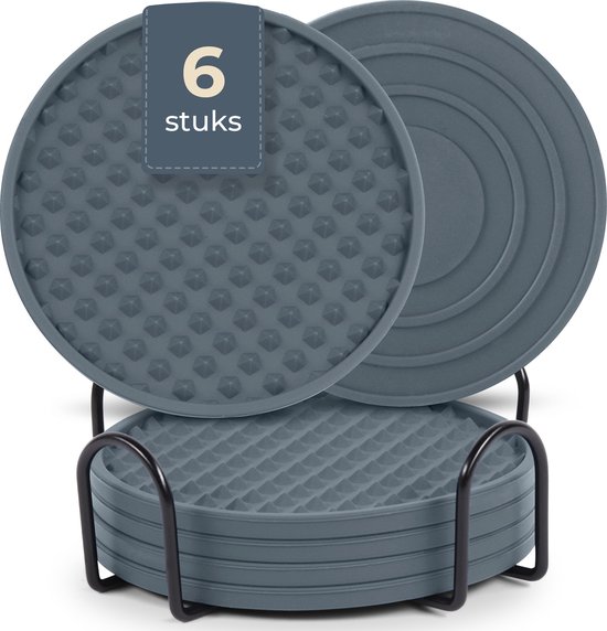 Castagnola Sous-verres de Verre – Sous-verres de Verres – Dessous de Verre en Siliconen – Sous-verres de Verre de Luxe en Siliconen avec Sous-verres – 6 pièces – Grijs – Rond