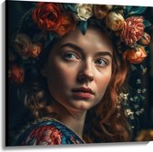 Canvas - Vrouw - Gezicht - Haarband - Bloemen - 100x100 cm Foto op Canvas Schilderij (Wanddecoratie op Canvas)