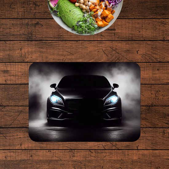 BWK Stevige Placemat - Voorkant van een Zwarte Auto - Set van 8 Placemats - 35x25 cm - 1 mm dik Polystyreen - Afneembaar