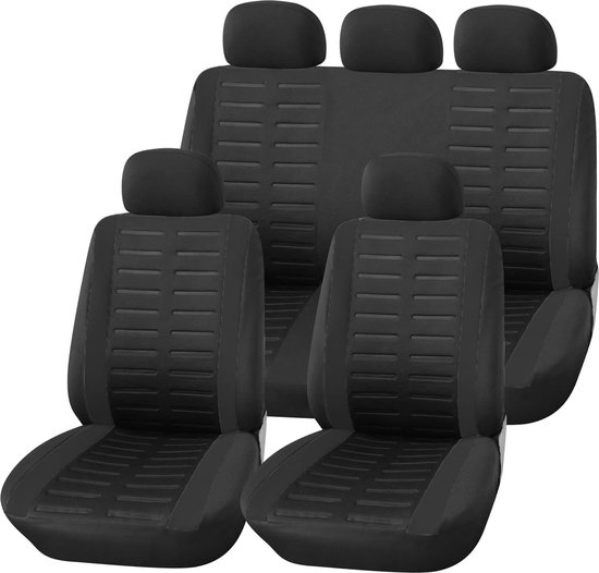 Set van zwarte autostoelhoezen met een gestreept middenpaneel, bestaande uit twee voorstoelen en een achterbank.