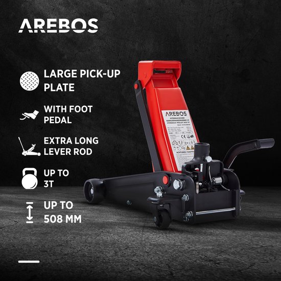 Arebos 3T hydraulische platte krik | 2x steunbok | 3 ton draagvermogen | 2 steunen | krik voor werkplaats en hobby | hefboom | steun | auto | personenauto