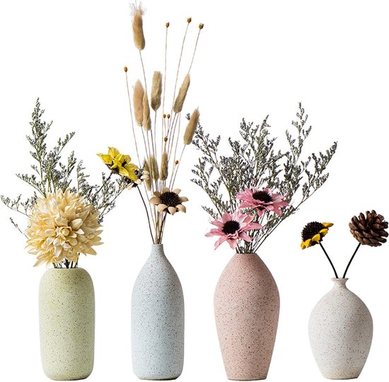 Keramische vaas voor bloemen, decoratieve vaasset voor woonkamer, kleine Scandinavische keramische vaas met verschillende vormen, ongebruikelijke vazen, handgemaakte vazen ​​voor tafelplank, eetkamer, set van 4