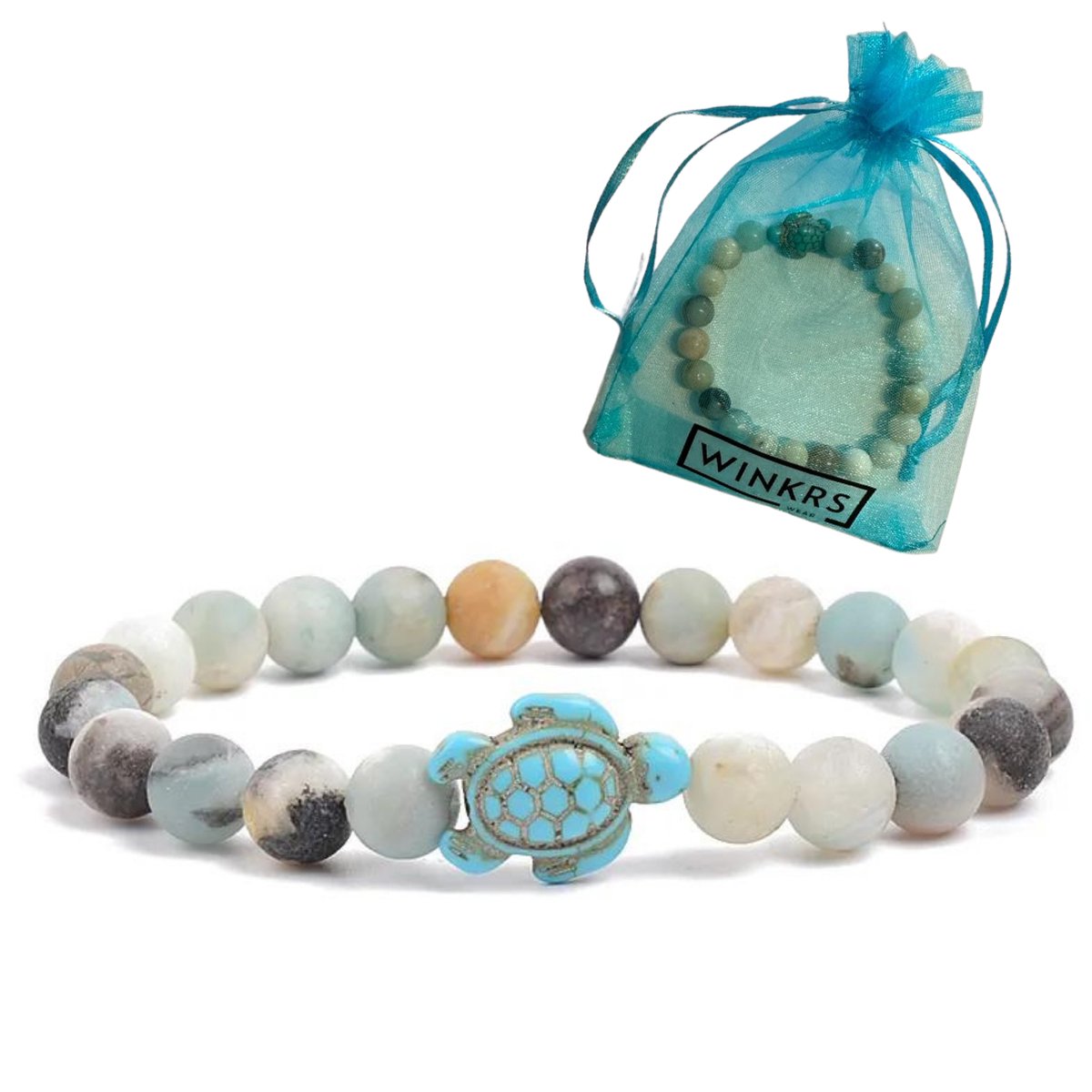 Schildpad Armbandje met Natuursteen Kralen - Amazoniet - 19CM - Stretch-armband - Oceaan/Zee