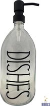 Zeepdispenser - 1 Liter - Transparant Glas - Zwarte Tekst: Dishes - RVS Zwart Pompje