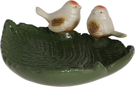 Vogelbad keramiek vogels op blad 7 cm hoog - voedersystemen - vogelbadje - keramiek- polyresin - tuinieren - tuinfiguur - tuindecoratie - tuinaccessoire - geschenk - cadeau - vogelliefhebbers