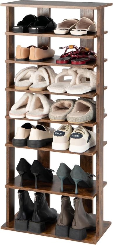 Schoenenrek met 8 niveaus, in hoogte verstelbaar, ruimtebesparend schoenenrek van hout, verticaal, vrijstaand hoekrek voor ingang, hal (bruin, dubbel)